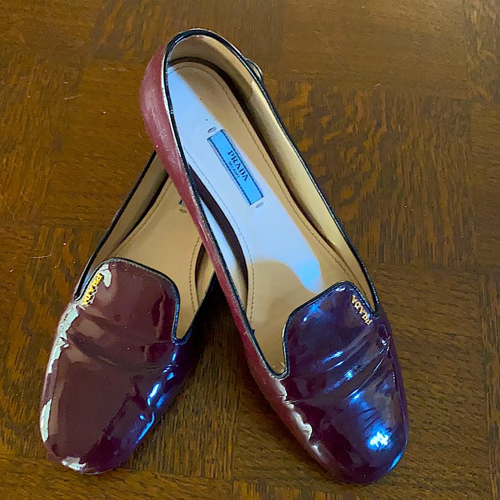 Prada, burgundy patent leather flats. Size 40 European, 9.5 USA
